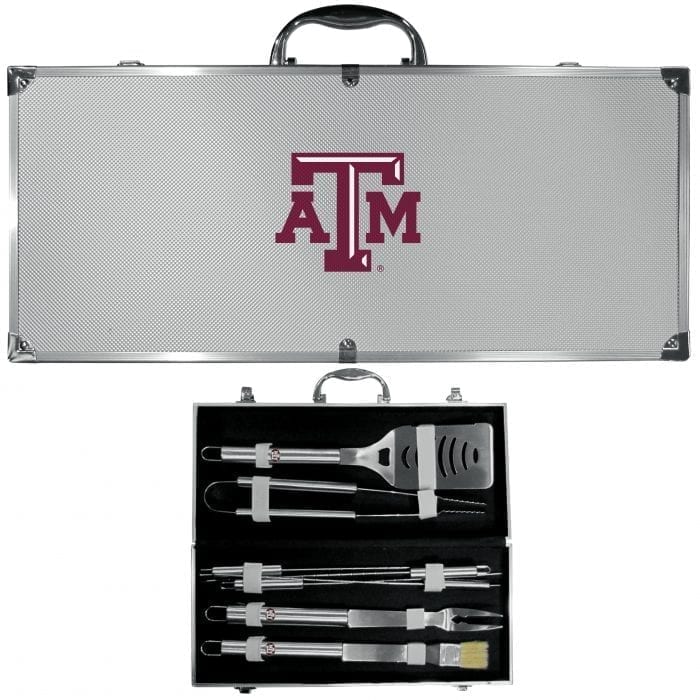 Texas A & M Aggies 8 pc Stainless Steel BBQ Set w/Metal Case