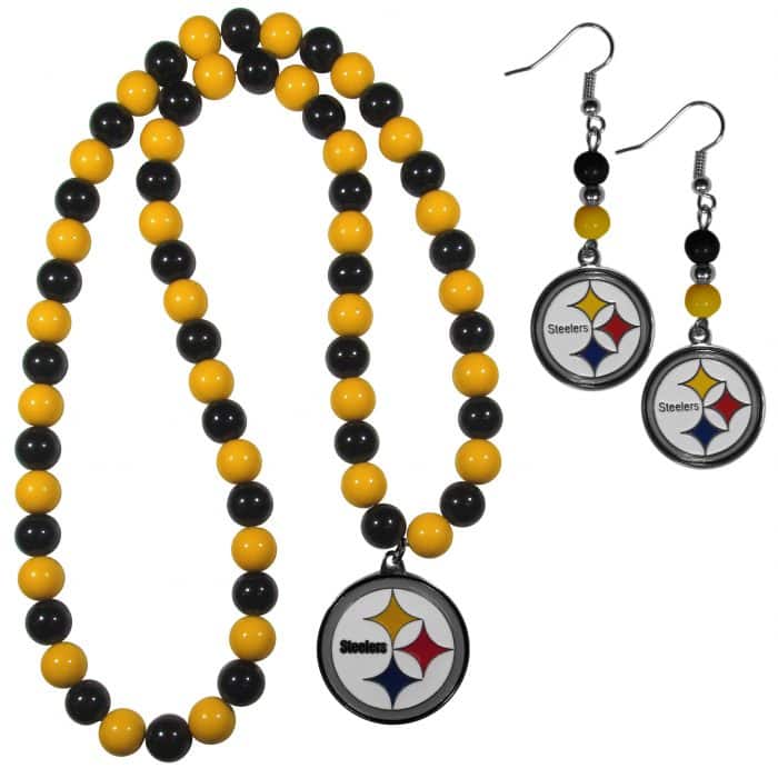 Pittsburgh Steelers Fan Bead Earrings and Necklace Set