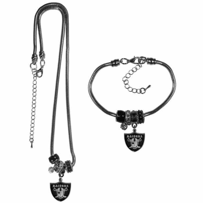 Oakland Raiders Euro Bead Necklace and Bracelet Set