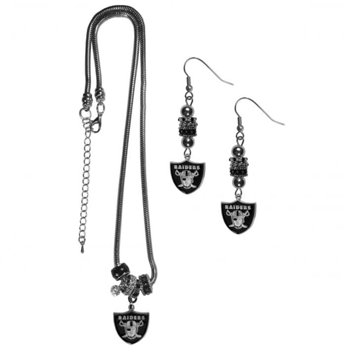 Oakland Raiders Euro Bead Earrings and Necklace Set